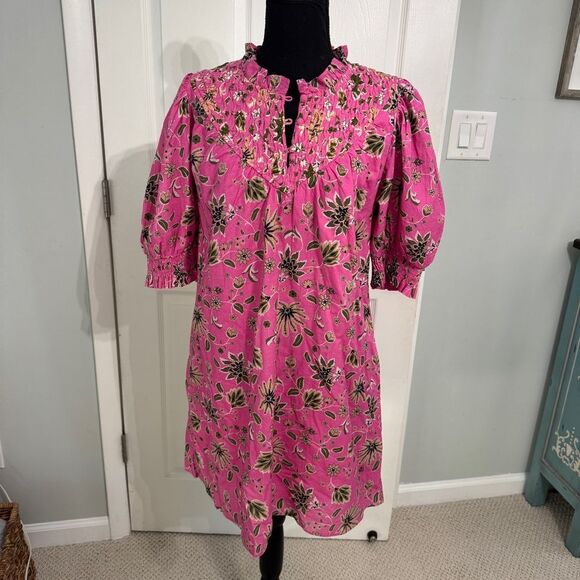 Olivia James Floral Pink Dress w smocking and buttons at neckline-size M- EUC - Picture 4 of 12